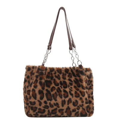 🍒Leopard print tote bag large capacity over shoulder bag fur shopper bag women's faux fur handbags for college Carry Animal