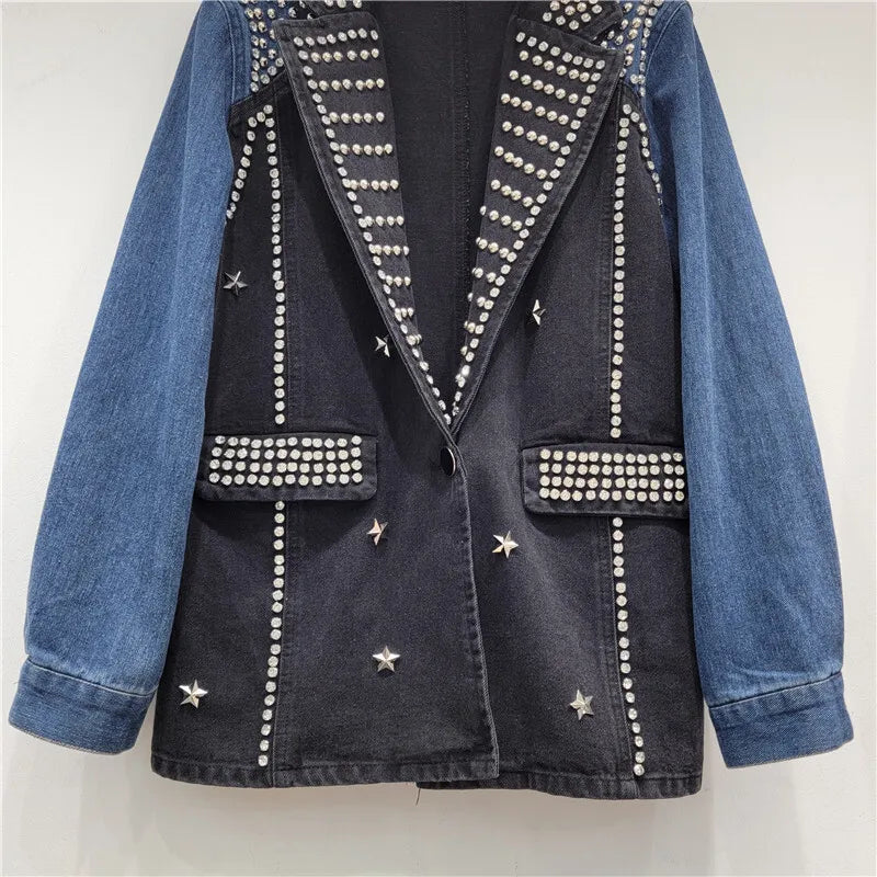 🍒Y2K vintage denim jacket stylish craft studded diamond studded coat single button mixed media clothing contrast colour patchwork jeans wear smart casual women  Denim Designer Diamond Delight