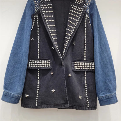 🍒Y2K vintage denim jacket stylish craft studded diamond studded coat single button mixed media clothing contrast colour patchwork jeans wear smart casual women  Denim Designer Diamond Delight