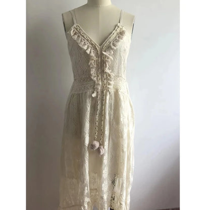 🍒Sleeveless lace dress spaghetti straps camisole long mesh outfit v-neck loose summer fashion for women tassel loose beach wear for women solid colour holiday wear Do A Spot Of Sunbathing In  Beachy Lace