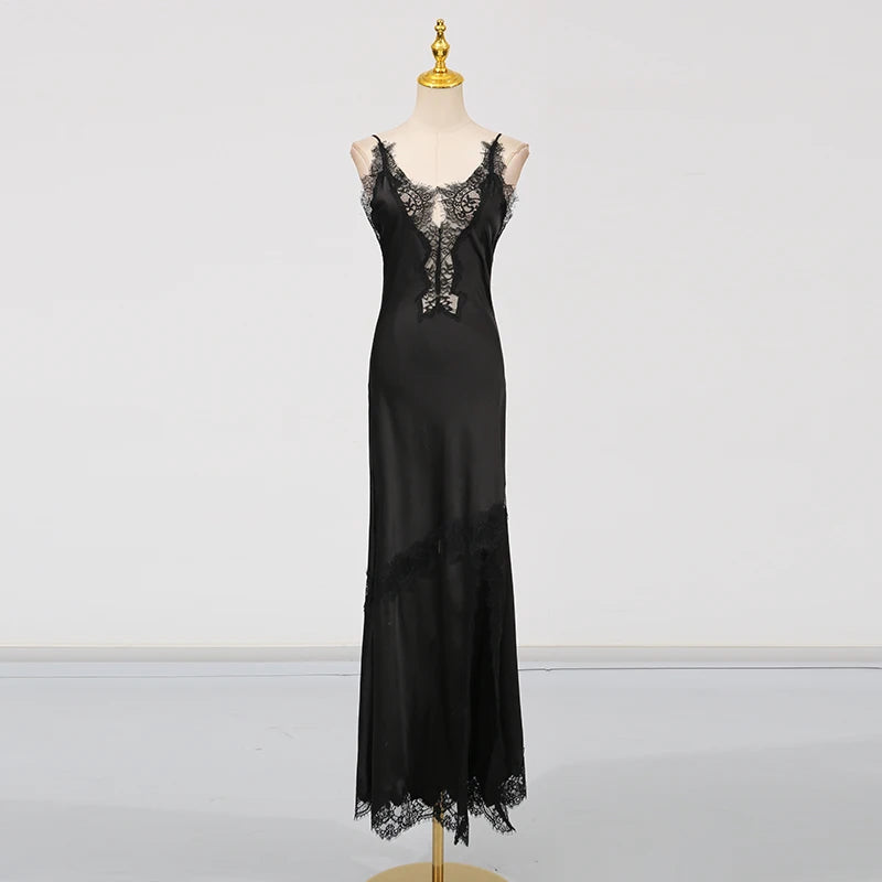 🍒Colour block lace dress sheer lace clothing for women long outfit v-neck sleeveless High wasit slim split dresses Female occasion wear party wear You wont be UNDER impressed with this FASHION  WEAR