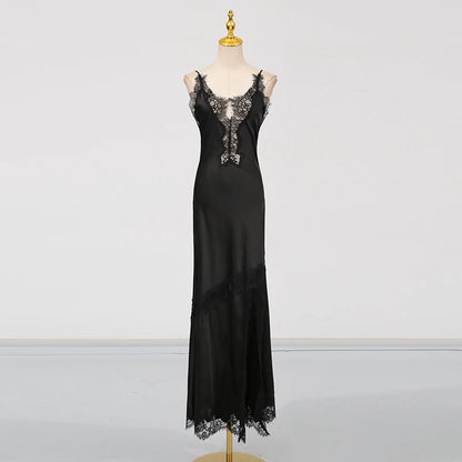 🍒Colour block lace dress sheer lace clothing for women long outfit v-neck sleeveless High wasit slim split dresses Female occasion wear party wear You wont be UNDER impressed with this FASHION  WEAR