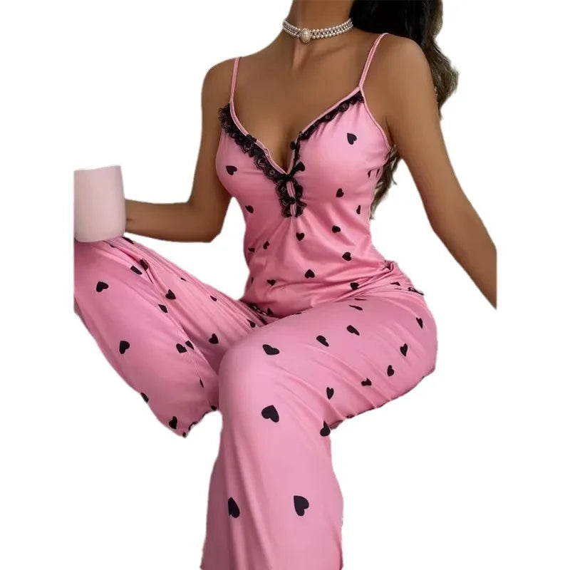 🍒Heart print pyjamas homewear sets women sleeveless crop top amd pants two piece coord with chemise lounge wear clothing                                       Love To Wear Clothes