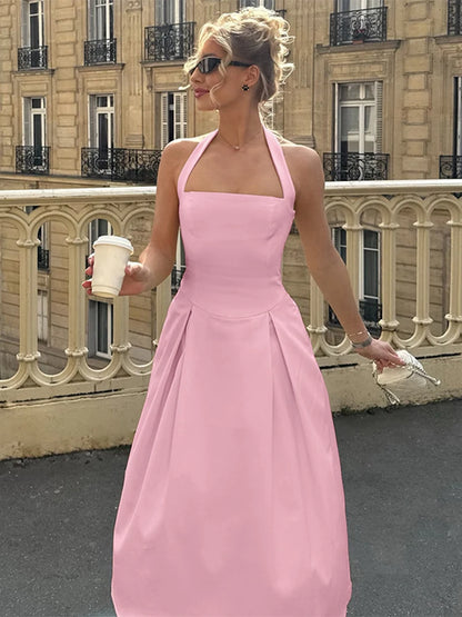 🍒Elegant midaxi dress high waist  sleeveless summer outfit long  backless halter dress feminine clothing party wear fashion
