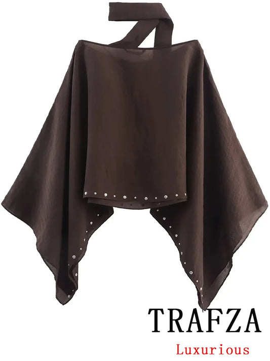 🍒Womens cloak streetwear chic solid rivet o-neck cape with collar  long sleeve loose tops for fashion summer outwear Make ROOM For This CLOAK