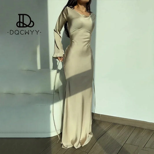 🍒Womens long dresses simple design fashion round neck satin outfit flare sleeve outfit lomg sleeve lace up slim evening party wear bodycon Slinky Simple Style