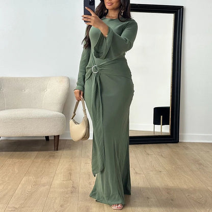 🍒Tie dress for women o neck fashion clothing slim fit smart casual wear long sleeve party wear elegant high waist outfit No Figuring This One Out