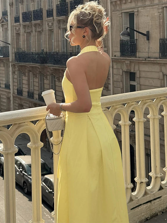 🍒Elegant midaxi dress high waist  sleeveless summer outfit long  backless halter dress feminine clothing party wear fashion