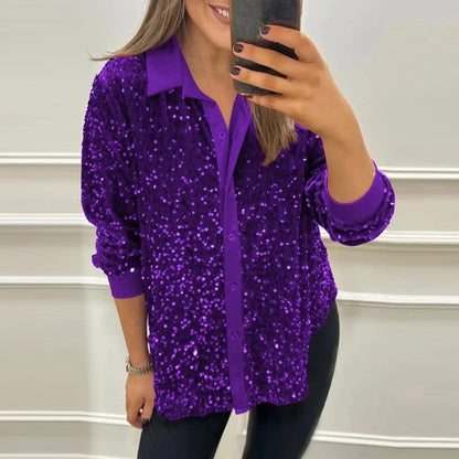 🍒Sparkly sequin blouse womens party shirt single breasted lapel long sleeve occasion wear top Glissy Gold