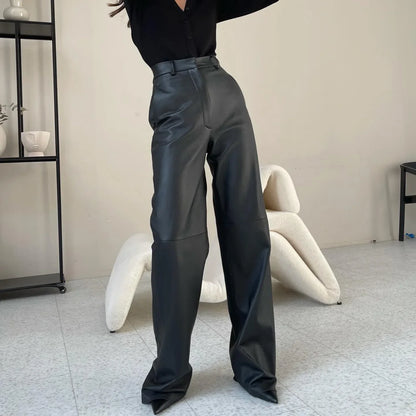 🍒Women's pu leather trousers high waisted hip lifting fashion straight leg pants smart casual clothimg party occasionwear