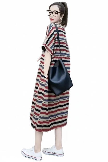 🍒Striped t-shirt dress A- line knee length outfit plus size slimming clothes for plus size women spring summer fashion   Stripe A- Pose