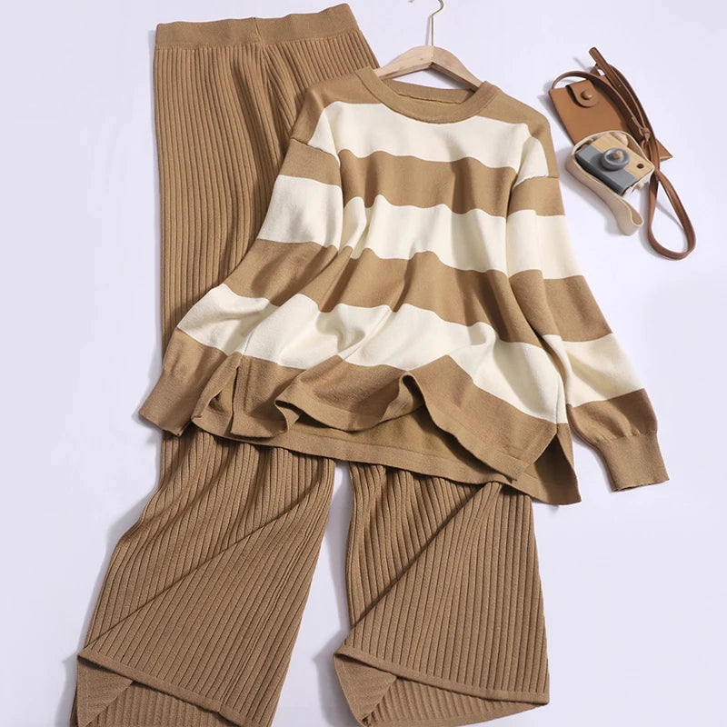 🍒Summer two-piece sets women’s contrast Colour striped top o-neck long sleeve plus casual high waist wide leg pants Suit Yourself With Stripes