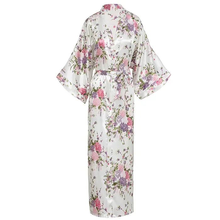 🍒Satin robe women plus size  with flowers peacock print kimono lounge gowns for women bride bridesmaid wedding bathrobe silky nighrwear Sittin' Satin Style