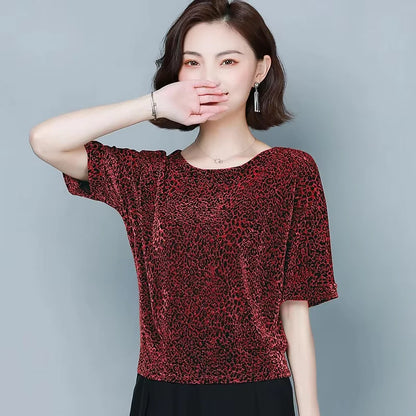 🍒Short sleeve womens blouses o-neck shirt smart casual women leopard print party top with elasticated waist office shirts Simple Vintage style clothing Simple Style Statement