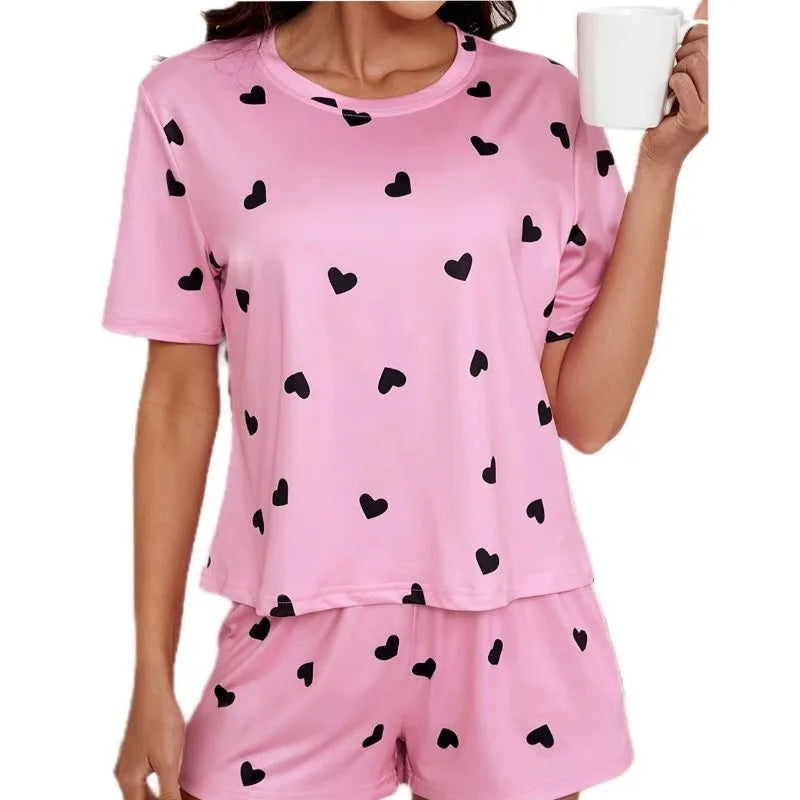 🍒Women's Love heart sleepwear set print knit fashion soft short sleeve top and shorts sleepwear set for comfortable home wear lounge wear Light Hearted Fun