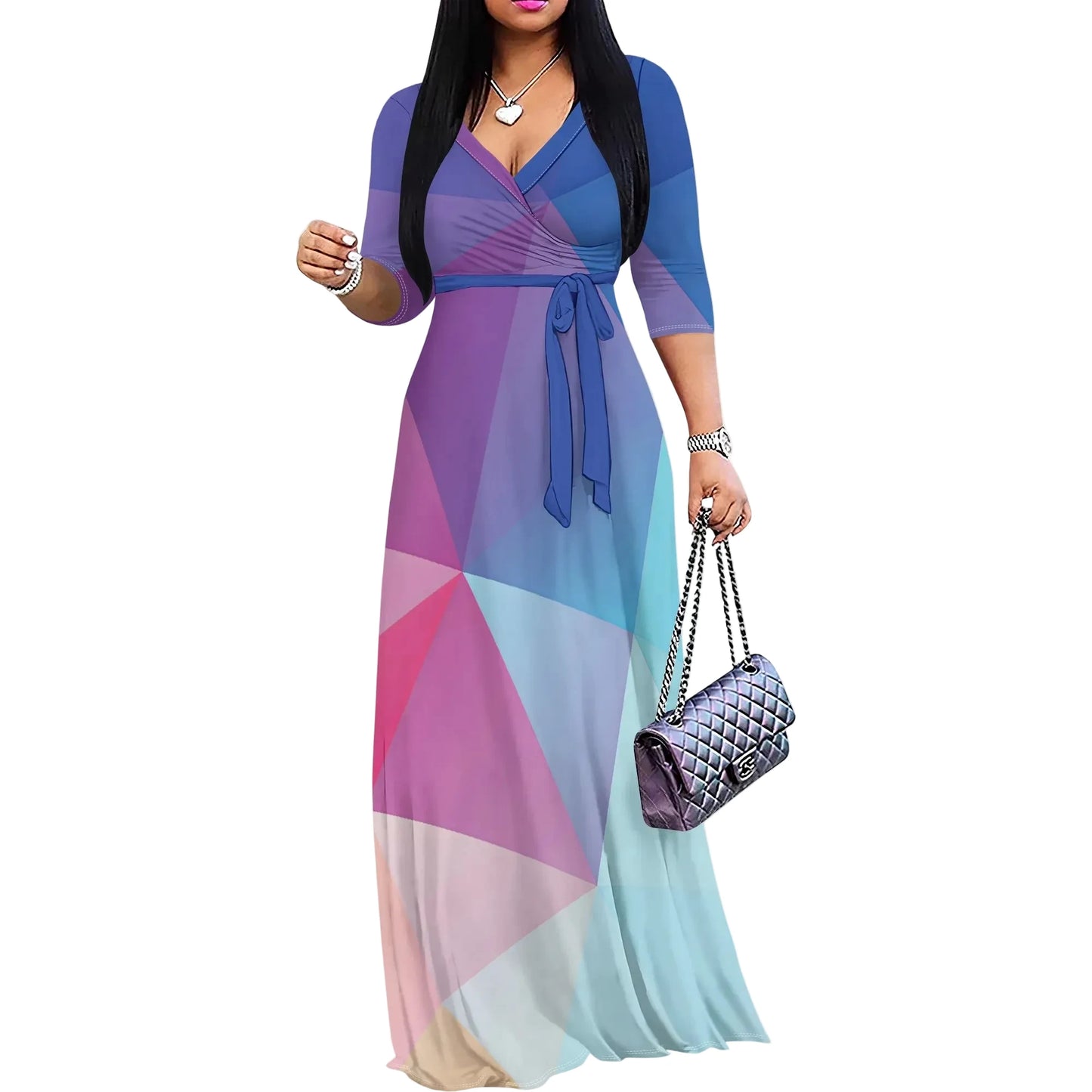 🍒Women's geo print maxi dress for beach party outfit with v- neckline tie waist and pockets casual 3 /4 Sleeve V-Neck Wrap tie waist long dress Trusty Toss-on Triangles
