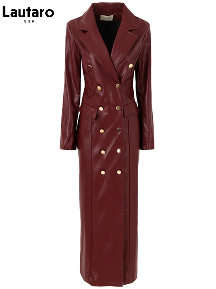 🍒Extra long faux leather trench coat for women double breasted luxury elegant long smart casual pu outerwear Keep aBREAST of DOUBLE take clothing