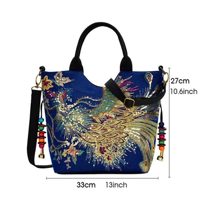 🍒Sequins tote bag ethnic style peacock embroidery handbags ladies vintage canvas crossbody bag grab bag smart casual accesssories Display Your Style With A peacock