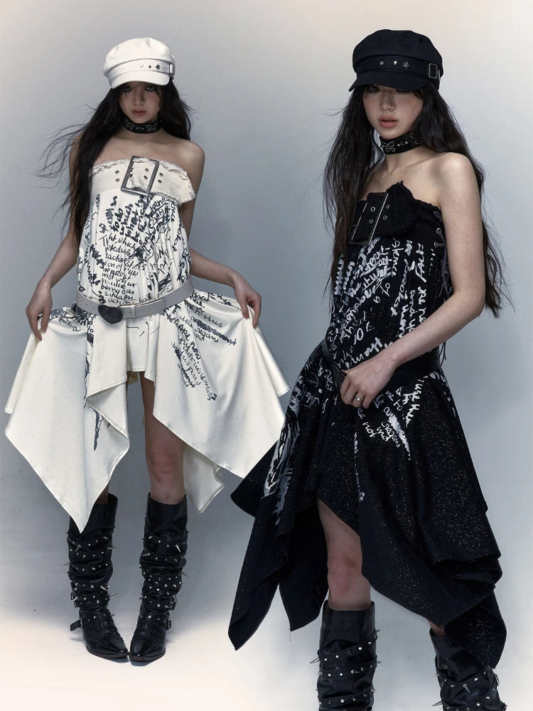 🍒Irregular letter print skirt shark bite skirt high waist long for women's y2k aesthetic vintage fashion streetwear Word On The Street These Are Cool Clothes