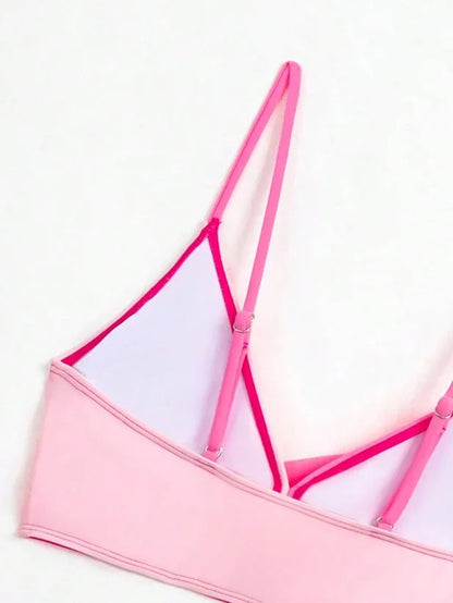 🍒Patchwork two piece swimsuit for women high waist bikini v-neck adjustable suspender type spaghetti strap backless swim set summer beach Vacation Swimwear  Drink Fruities In Your Fruity