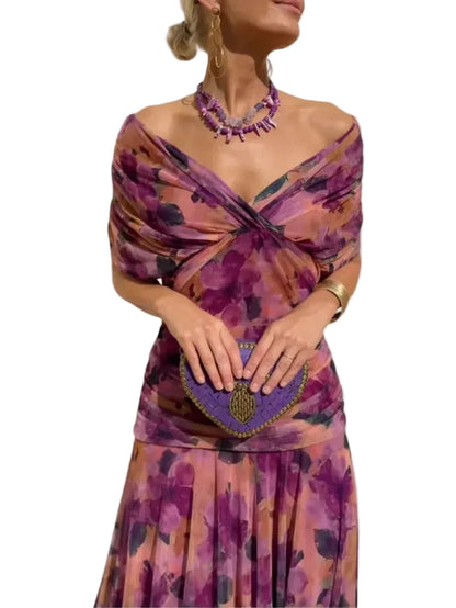 🍒Spring summer printed v-neck mesh off-shoulder dress versatile party outfits for vacation and weddings smart casual chiffon evening dress for women solid feminine clothing Off The Charts Off Shoulder