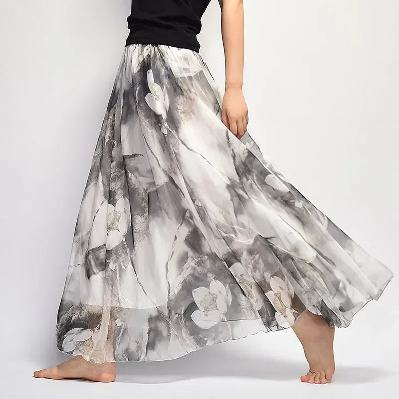 🍒Vintage bohemian long skirt full elegant chiffon fashion beach wear smart casual women high waist maxi skirt outfit summer Clothing Fill Your Basket With Roses