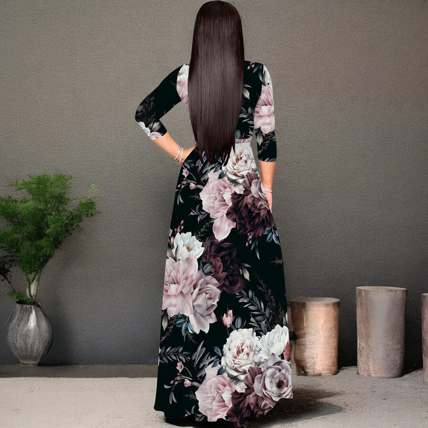 🍒Womens plus size maxi dresses boho print 3/4 sleeves outfit for smart casual beachwear party clothes swing style with belt Girl Power Flower