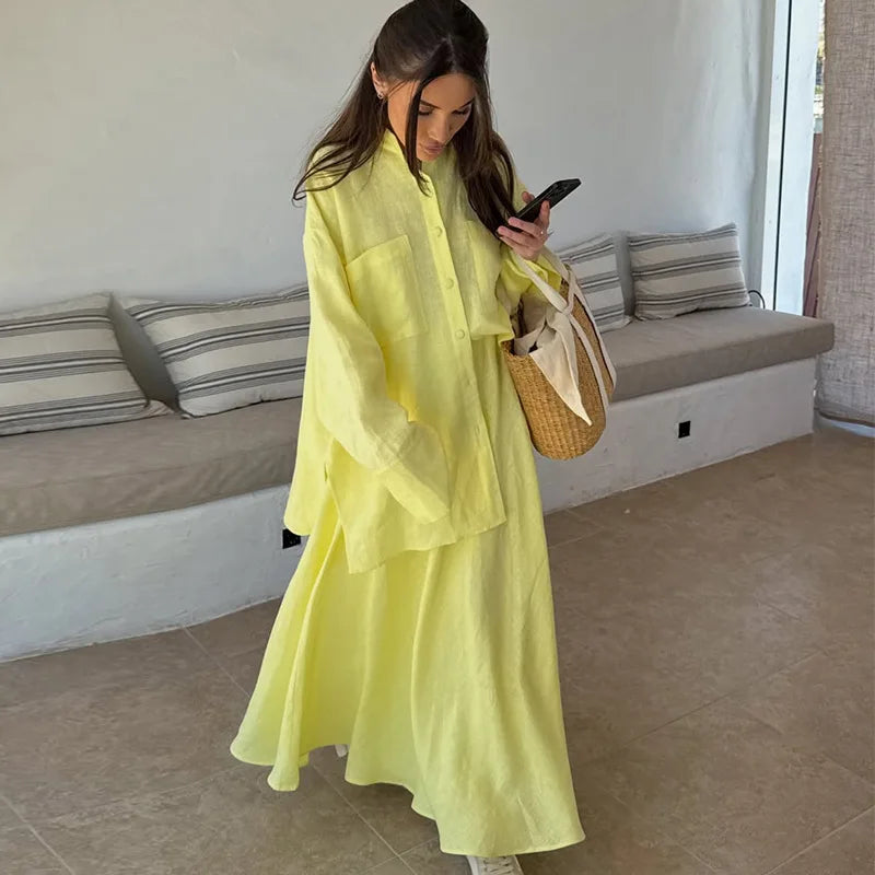 🍒Two piece women's clothing sets summer wear turn-down collar shirt full sleeve top plus draped long skirt outfit maxi female fashion relaxed smart casual clothing Lime In Your Lemon
