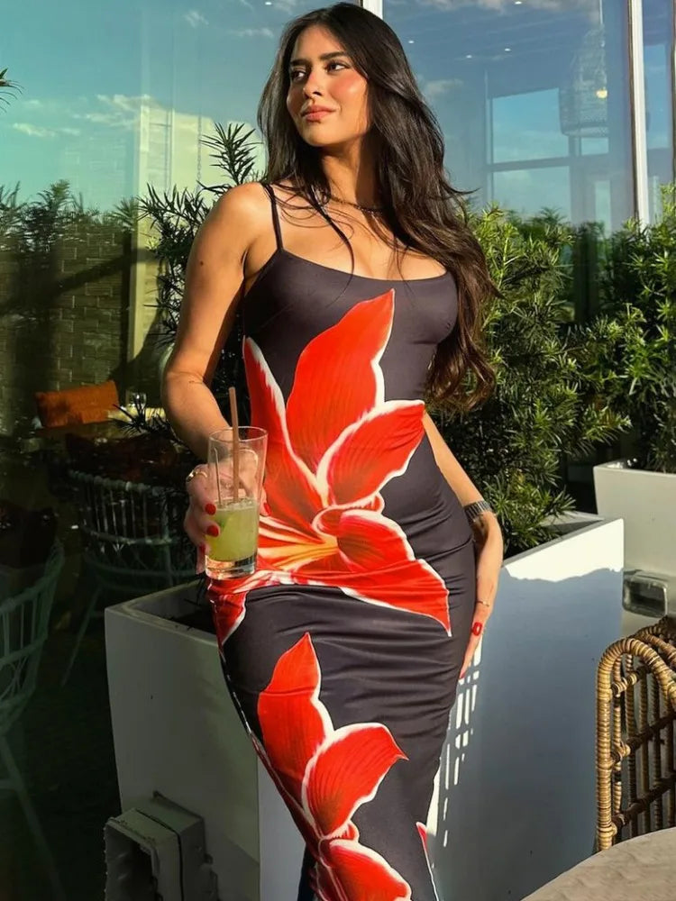 🍒 Summer printed maxi dress floral women spaghetti straps clothes holiday wear outfits backless fashion smart casual wear female long dress mini floral