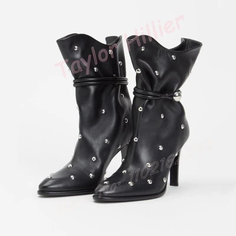 🍒black short boots women metal rivet footwear female fashion round toe stilettos high heel with side zipper big sizes You Will Be Riveted with these Rivets