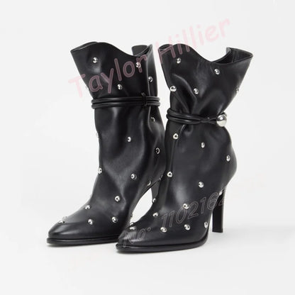 🍒black short boots women metal rivet footwear female fashion round toe stilettos high heel with side zipper big sizes You Will Be Riveted with these Rivets