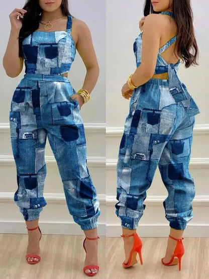 🍒Summer printed jumpsuit backless with straps fashion sleeveless one piece casual wear womens romper outfit with bows pocket trousers Overall Colourful Cool