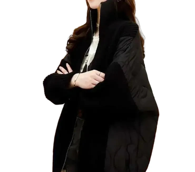 🍒Mixed media jacket knitted women patchwork outerwear  padded loose casual solid skin zipper cardigan female fashion warming outerwear Get Down To Town