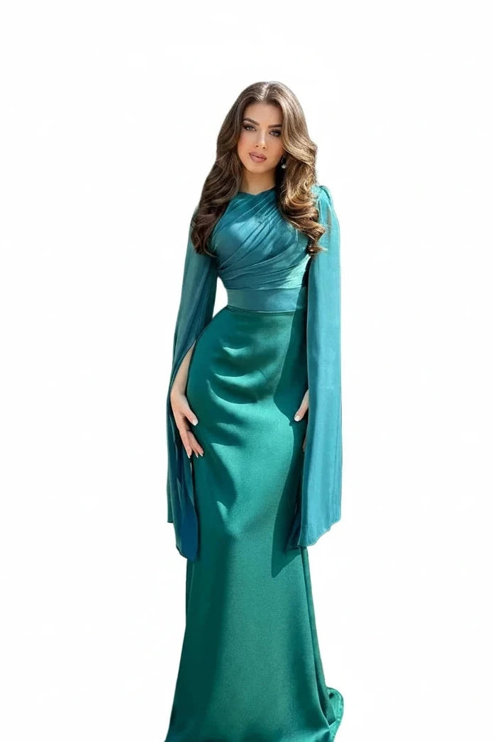 🍒Chiffon gown for women solid dress o-neck slim elegant evening wear bell sleeve high Waist outfit pleats long party occasion wear No Need To Ring For This Bell