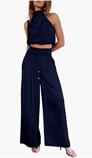 🍒Two piece pant sets for women open navel outfit silky sleeveless tops and wide leg trousers smart casual clothing summer fashion wear club wear party occasion wear 2 piece Sets pop this CROP and get SET for WIDE approval