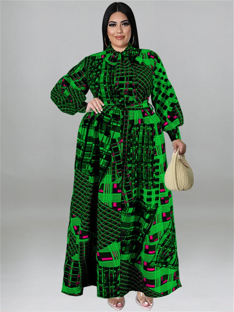 🍒Plus size vintage long sleeve dress print womens clothing fall dresses with belt loose maxi outfit long fashion smart casual women Mix Up Fashion