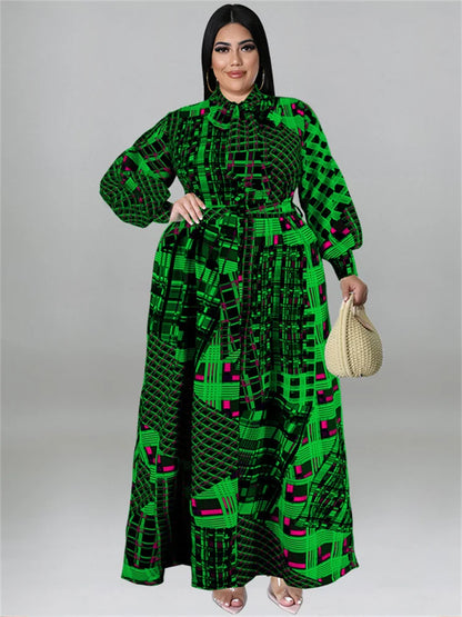 🍒Plus size vintage long sleeve dress print womens clothing fall dresses with belt loose maxi outfit long fashion smart casual women Mix Up Fashion