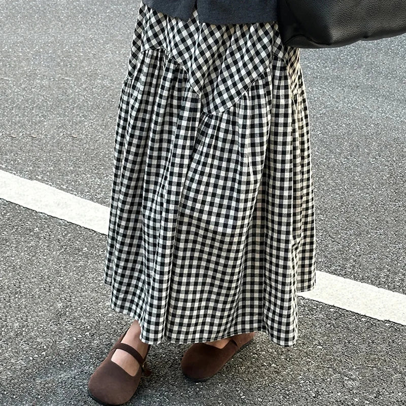 🍒Checkered a-line skirt high waisted tiered maxi skirt outfit all match loose pleated midaxi outfits for women fashion wear female casual wears  Chic Check