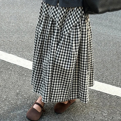 🍒Checkered a-line skirt high waisted tiered maxi skirt outfit all match loose pleated midaxi outfits for women fashion wear female casual wears  Chic Check