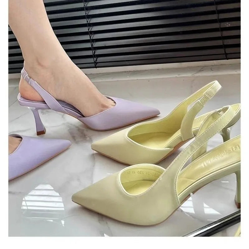 🍒Women's summer shoes fashion high heels pointed toe stiletto mid heel open back sandals evening party shoes No slipping Back On Quality Sling Back With These Sling Backs
