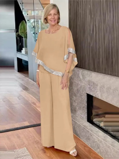 🍒Two-piece suit o-neck top and pants set for women summer fashion sequin bat wing top wide leg trousers occasion party wear Get Hold Of A Cold Shoulder And Warm Your Heart