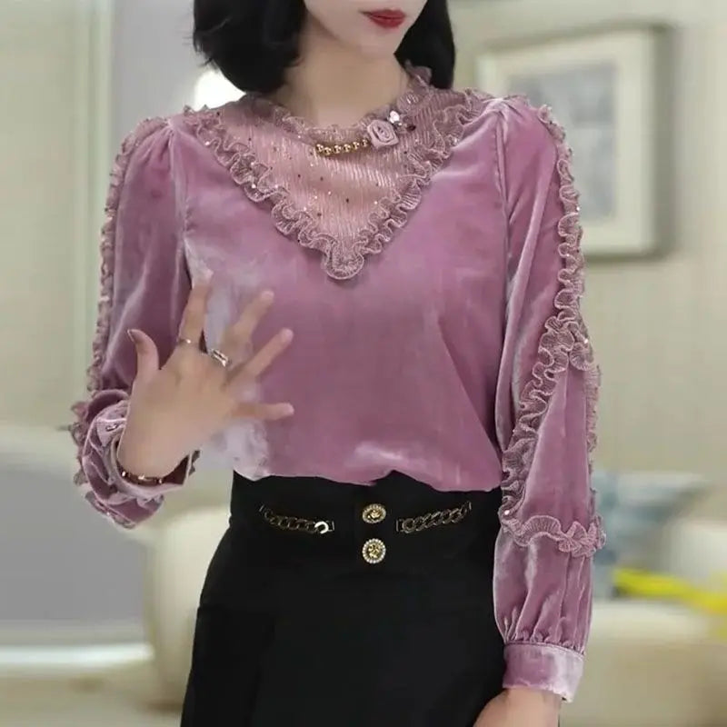 🍒Velvet patchwork blouse sweet womens ruffle top puff sleeve shirt vintage style clothing baroque beading sequin luxury lace fashion wear Move Into mauve