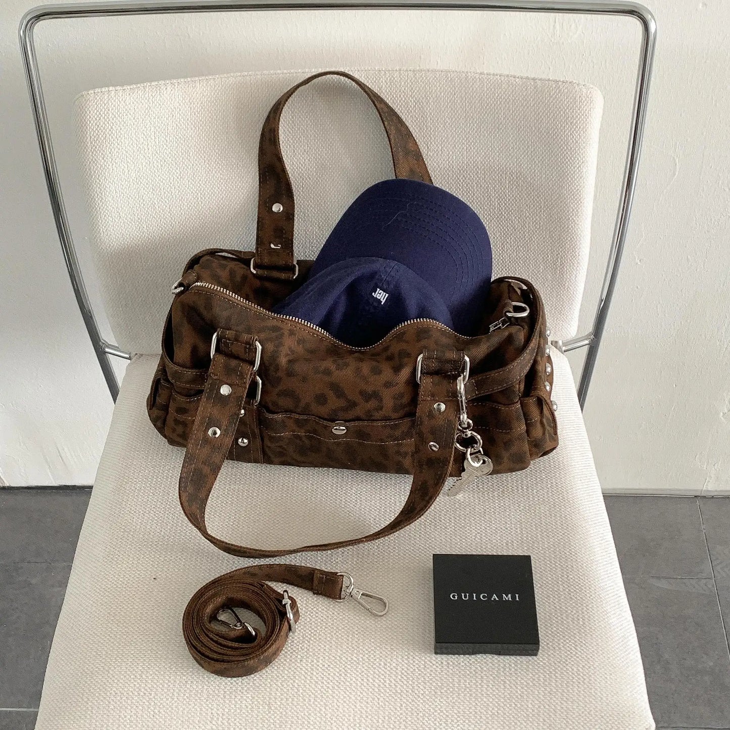 🍒Vintage leopard handbag rivet bag motorcycle barrel shaped crossbody bag boston casual female shoulder fashion totes  Jump On This Animal Its Barrels Of Fun