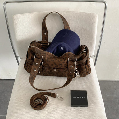 🍒Vintage leopard handbag rivet bag motorcycle barrel shaped crossbody bag boston casual female shoulder fashion totes  Jump On This Animal Its Barrels Of Fun
