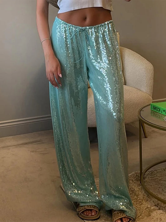 🍒Sequined pants for women high waist tie up ankle-length loose trousers spring summer Fashion smart casual clothing female Y2k style Sequ-Win