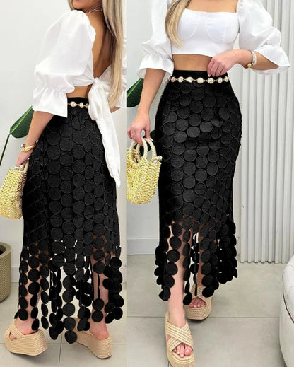 🍒High waist tassle skirt solid color maxi fashion for women Spring summer clothing hollow-out boho bodycon smart casual clothes long party wear A Spot Of Differance