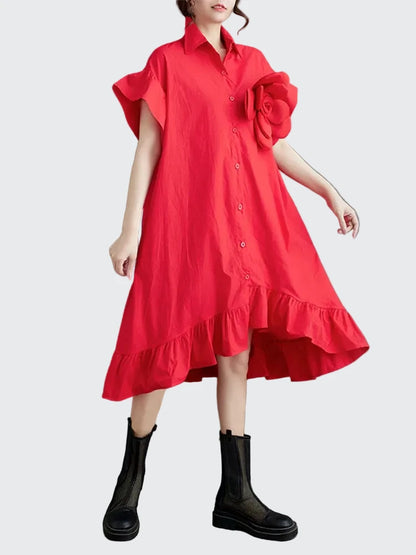 🍒Summer loose dress artistic high low ruffle trim outfit with 3D flower cotton blend office smart casual women mid-length a-Line Don’t Get Ruffled Pick A Flower And Ease lnto Summer