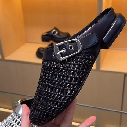🍒Closed toe buckle sandals slide shoes womens elegant breathable  summer mesh mules rhinestone retro smart casual chic outdoor slippers