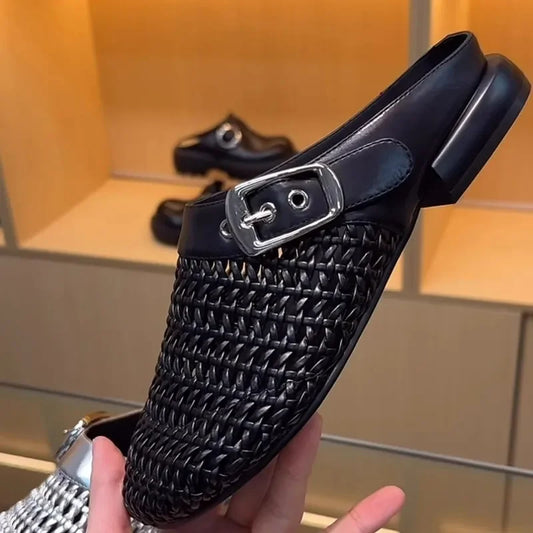 🍒Closed toe buckle sandals slide shoes womens elegant breathable  summer mesh mules rhinestone retro smart casual chic outdoor slippers