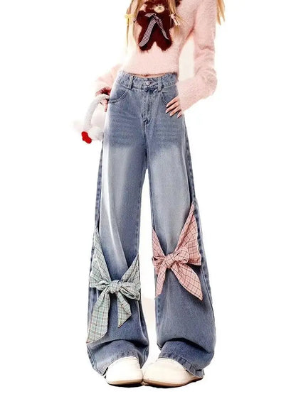 🍒American retro checkered patchwork bows women jeans with bows in them tie and loose as preferred Y2k wide leg pants Sweep These Sweets